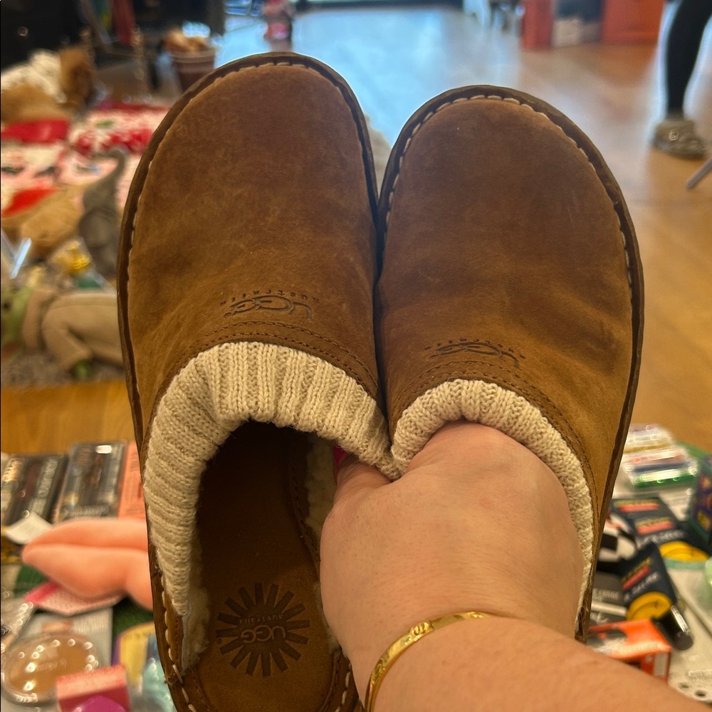 UGG Brown Suede Mules with Cream Knit Trim